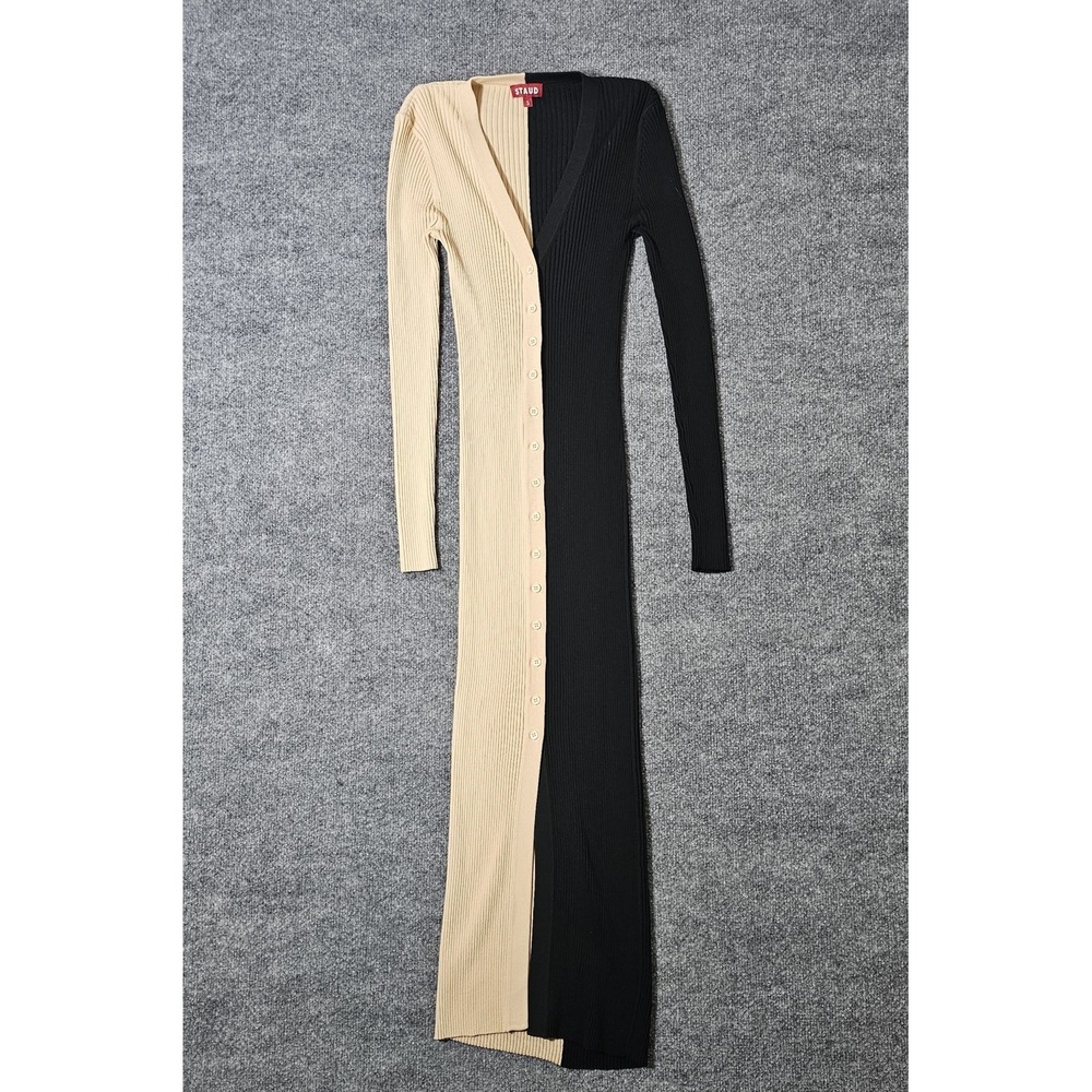 Staud Sweater Dress Small‎ Shoko Midi Cardigan Ribbed in Colorblock Black  Beige
